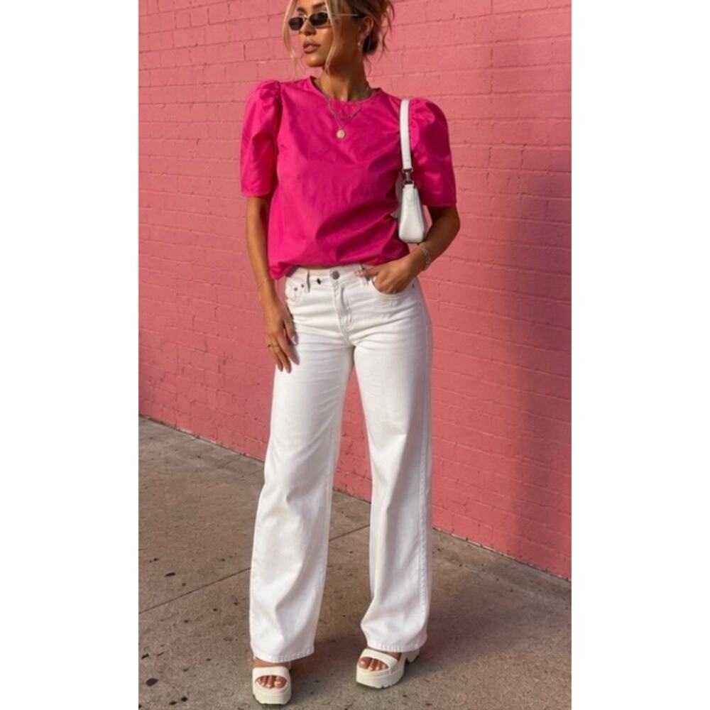 THML Pink Vegan Leather Puff Sleeve Blouse Womens Medium Bold Statement Top
